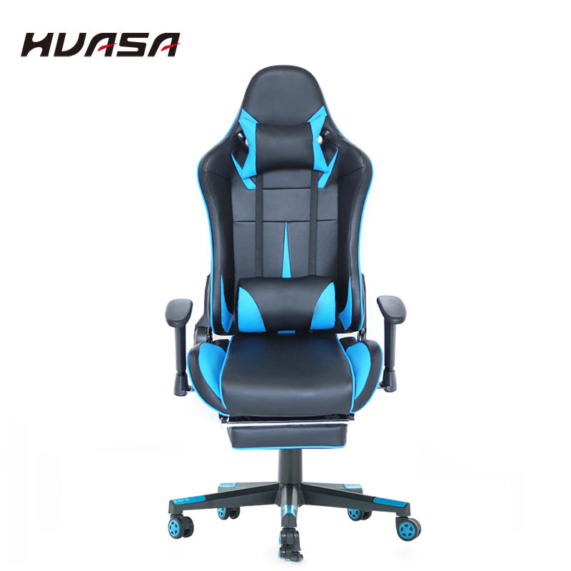 Modern Ergonomic Swivel Leather Footrest Blue Gaming Chair RGB 